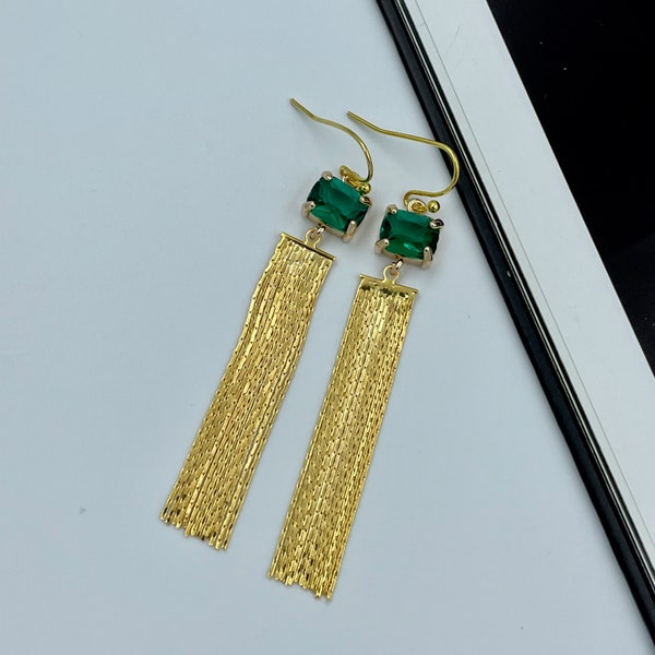 Emerald Green Crystal Tassel Earrings, Long Tassel Earrings, Green and Gold Glossy Tassel Earrings, Green Crystal Long Tassel Earrings |1