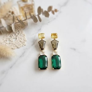 Fall Statement Earrings | Yellow Green Brown Crystal Studs - Gold Plated 24K | 58Mm Rainbow Gift