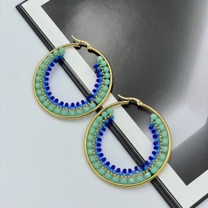 Green and Blue Beaded Large Hoop Earrings, Decorative Hoops, Wire Wrapped Hoops, Multicolor Hoop Earrings, Beaded Hoops Earrings, Gifts |KS