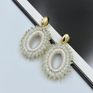 White Beaded Hoop Earrings, Decorative Hoops White Earrings, Ivory White Oval Hoop Summer Earrings, Gold Stud Hoops Earrings, Gifts |KS