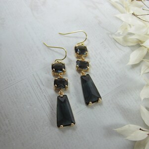 Long Black Crystal Dangle Statement Earrings, Dramatic Black Wedding and Evening Jewelry for a Stylish Look |8