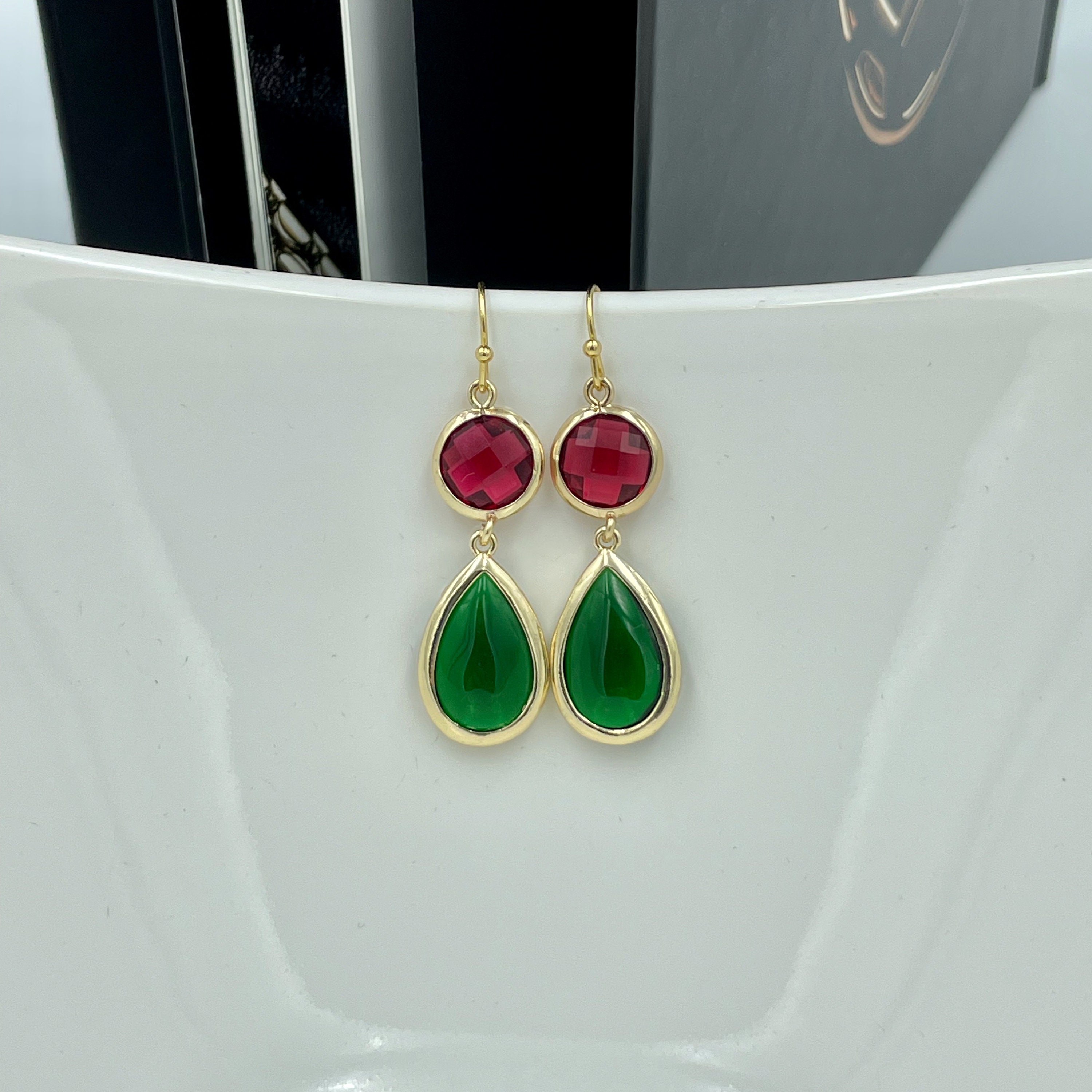 green emerald velvet dress Silver Drop & Red Crystal Earrings | Versailles Collection main image 0