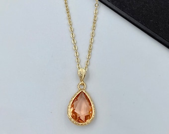 Crystal Orange Teardrop Charm Necklace, Peach Teardrop Pendant Necklace, Ochre Orange Floral Charm Necklace, Layering Necklace, everyday|11