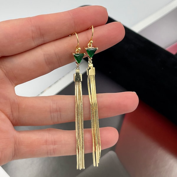 Emerald Green Crystal Tassel Earrings, Long Gold Tassel Earrings, Emerald Green Gold Glossy Tassel Earrings, Crystal Long Tassel Earrings |1