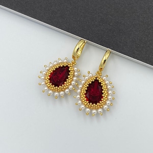Bohemian Red Crystal Seed Beaded Dangle Earrings, Bridal Jewelry, Gold Statement Earrings, Handmade Boho Earrings |B2