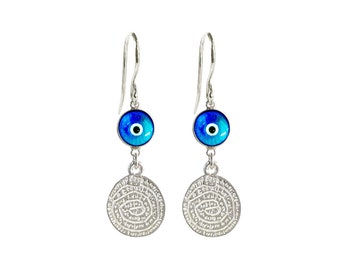 Greek Phaistos Disc Earrings with Evil Eye Glass Beads in Sterling Silver, Phaistos Disc, Evil Eye, Greek Jewelry, Greek Earrings