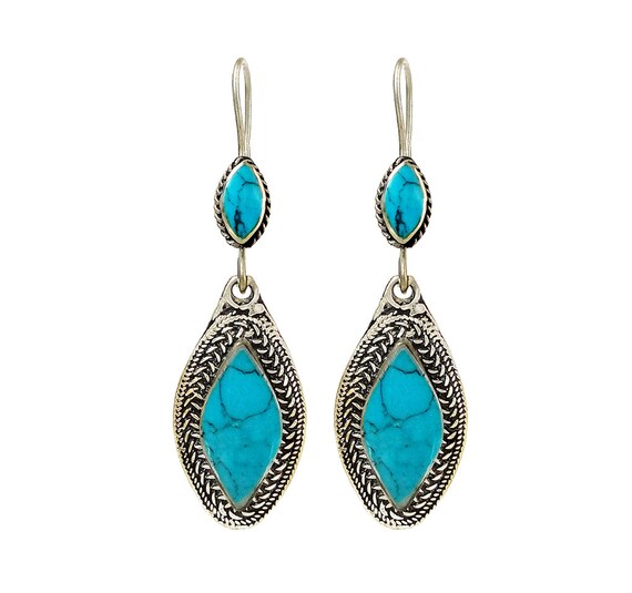 Ethnic Pendant Earrings Handmade with Turquoise and Silver, Ethnic Earrings, Ethnic Jewelry, Afghan Earrings, Bijoux Ethniques