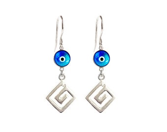 Greek Key Earrings Meander with Evil Eye Glass Bead in Sterling Silver, Greek Earrings, Greek Jewelry, Greek Key, Meander, Evil Eye Earrings