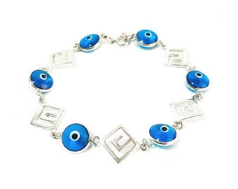 Greek Key Evil Eye Bracelet .925 Sterling Silver or 24K Gold Vermeil, Evil Eye, Ethnic Jewelry, Ethnic Bracelet, Grecian Jewellery, Greece