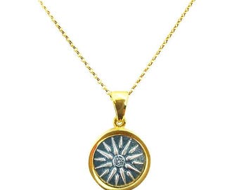 Greek Vergina Sun Pendant on 24K Gold Vermeil Chain, Greek Jewelry, Greece Jewelry, Vergina Sun Pendant, Greek Coin Pendant, Greek Mythology