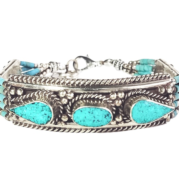 Ethnic Tribal Bracelet Handmade with Afghan Silver and Turquoise Stones, Ethnic Jewelry, Afghan Bracelet, Bedoin Bracelet, Ethnic Bracelet