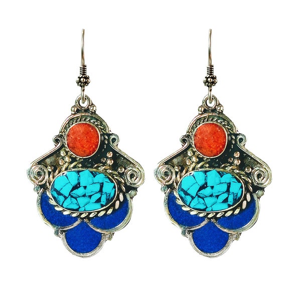 Ethnic Tribal Earrings Handmade with Lapis, Turquoise & Red Coral Stones ‘Lotus’, Ethnic Earrings, Ethnic Jewelry, Bijoux Ethniques,