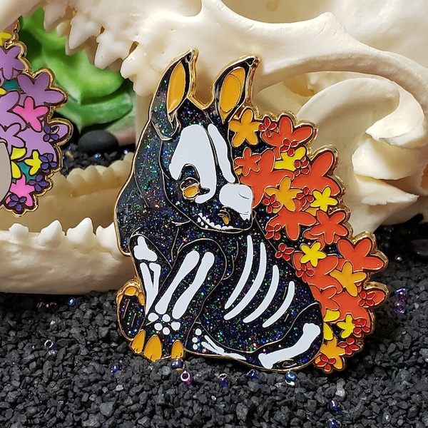 Skeleton White Rhino Enamel Pin Set - Gold Orange Yellow Flowers Antique Silver Metal Rainbow Glitter Skull Beast