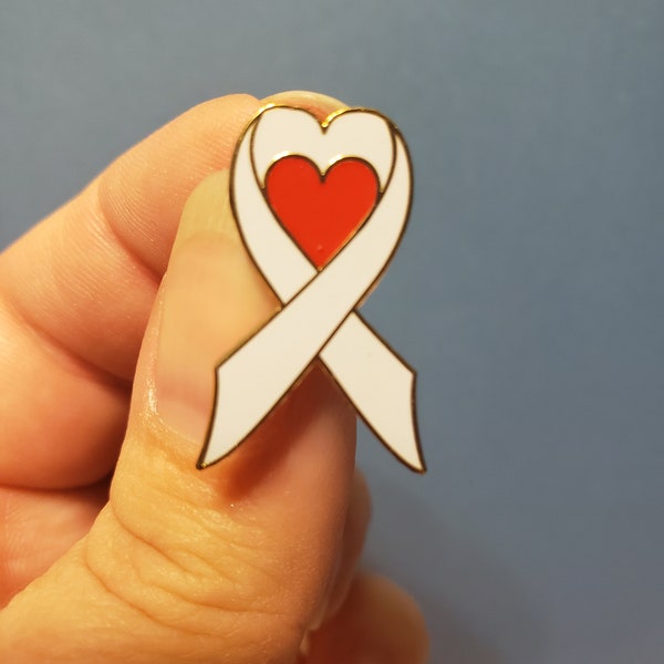 Heart Shaped Awareness Ribbon Enamel Pin - White - Emphysema, Lung and Bone Cancer, Lung Disease, Osteoporosis, Postpartum Depression