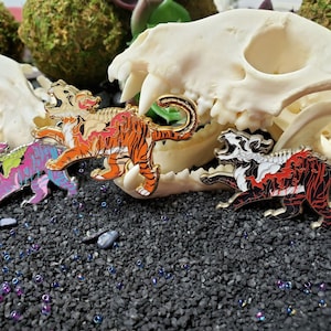 Undead Tiger Enamel Pin Set - Antique Glow Orange Purple Blue Skeleton Skull Beast Fire Flames