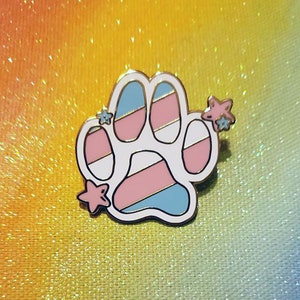 May include: A gold-coloured enamel pin featuring a paw print with blue, pink and white stripes. The paw print has two small stars on either side.