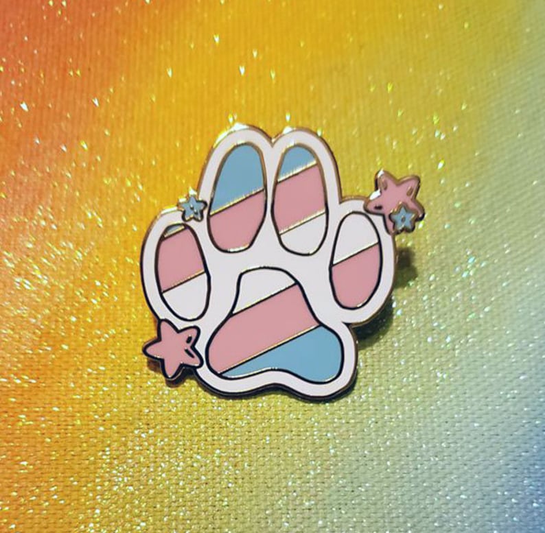 May include: A gold-coloured enamel pin featuring a paw print with blue, pink and white stripes. The paw print has two small stars on either side.