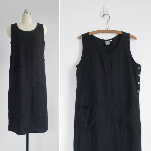 90s black linen dress / minimal jumper dress / vintage natural fabric sleeveless dress / womens S - M