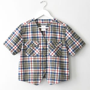 Vintage Cropped Button Up Shirt, 90s Plaid Cotton Blouse, S