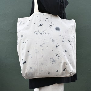 recycled drop cloth tote bag, oversized canvas bag, black & white splatter paint image 2