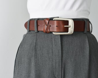 vintage brown leather belt with silver square buckle