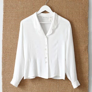 Vintage White Collared Blouse, 90s Rayon Button Up Shirt, S