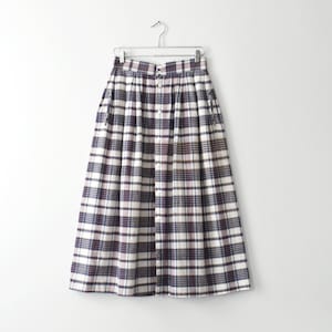Vintage Plaid Cotton Midi Skirt, 90s Button Front A-Line Skirt, L