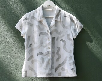 hand painted vintage linen shirt, abstract brushstroke top, wearable art