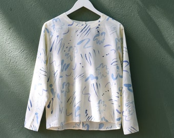 artist made hand-painted shirt, long sleeve upcycled vintage silk blouse