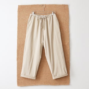 vintage beige easy pants, 90s cotton twill drawstring trousers