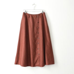 vintage linen button front skirt, 90s rust midi skirt with pockets image 1