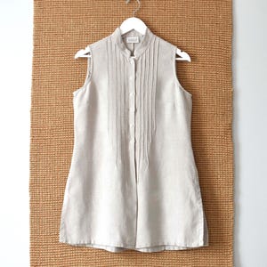 Vintage Sleeveless Linen Blouse, 90s Band Collar Shirt, S / M