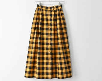 vintage plaid midi skirt, mustard check print button front skirt, xs