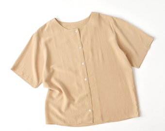 vintage beige silk shirt, 90s collarless blouse