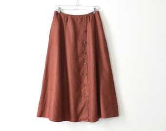 vintage linen button front skirt, 90s rust midi skirt with pockets