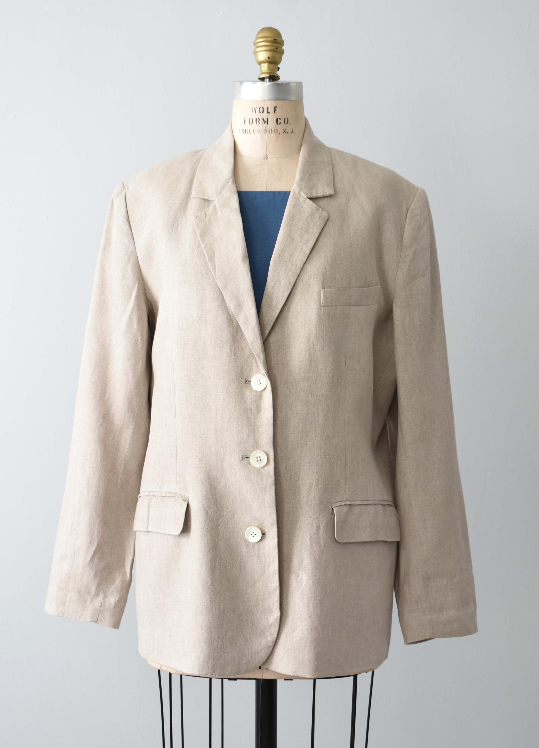90s Gap Linen Blazer, Vintage Beige Button Front Jacket, L