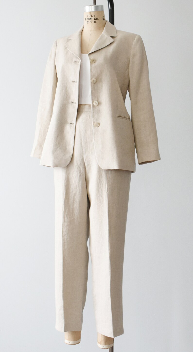 vintage linen suit, 90s two piece pant & jacket set image 3