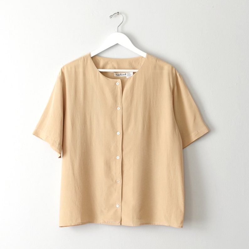 vintage beige silk shirt, 90s collarless blouse image 4