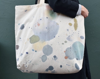 splatter paint tote bag, xl canvas carryall made from repurposed drop cloths