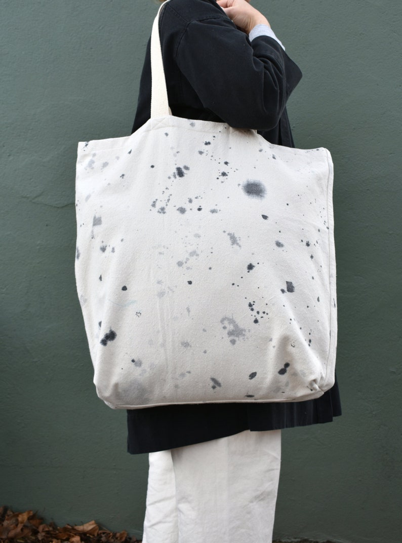 recycled drop cloth tote bag, oversized canvas bag, black & white splatter paint image 2