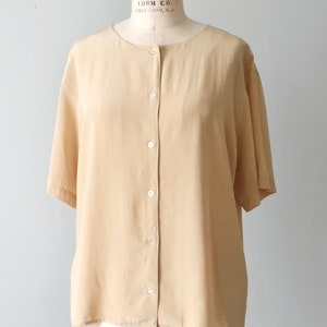 vintage beige silk shirt, 90s collarless blouse image 3