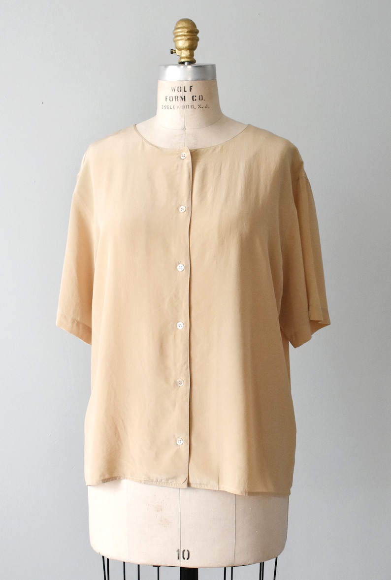 vintage beige silk shirt, 90s collarless blouse image 3