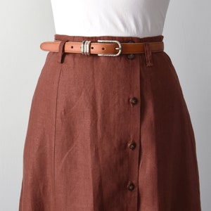 vintage linen button front skirt, 90s rust midi skirt with pockets image 5