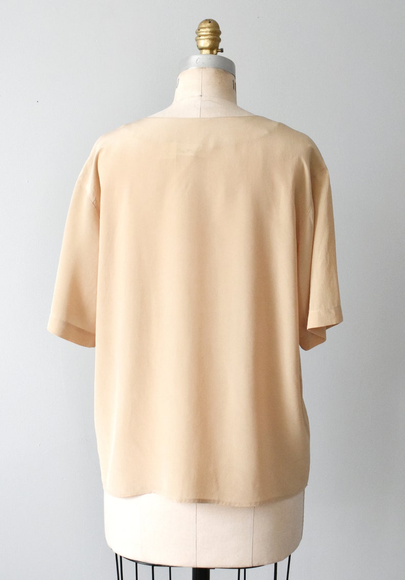 vintage beige silk shirt, 90s collarless blouse image 5