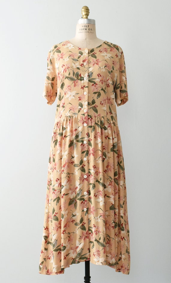 vintage floral midi dress, 90s button front dress