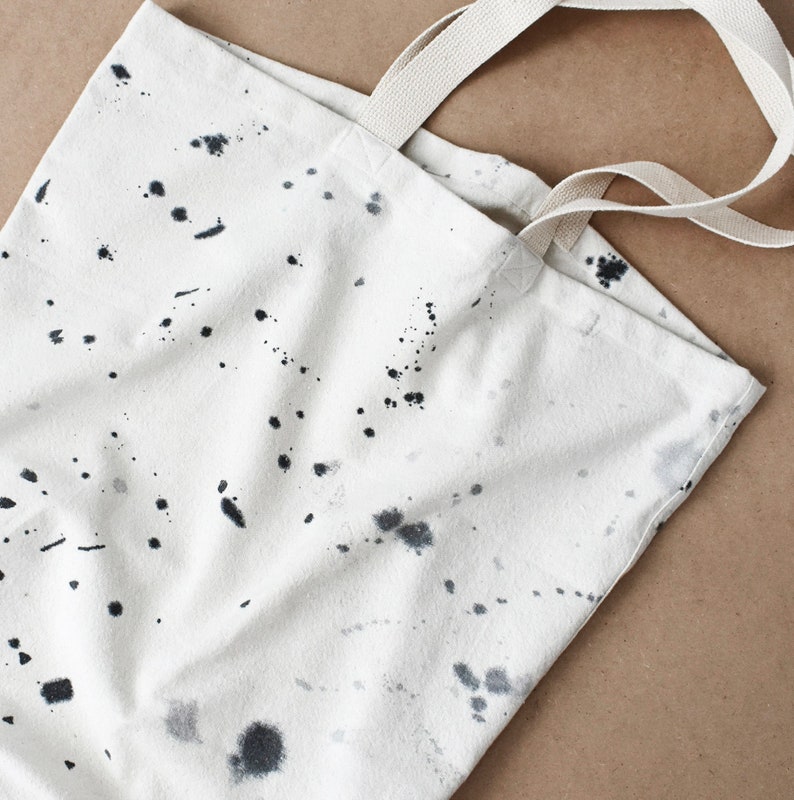 recycled drop cloth tote bag, oversized canvas bag, black & white splatter paint image 3