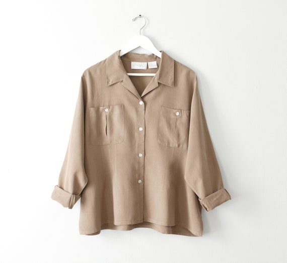 vintage beige silk blouse, 90s button down shirt - image 1