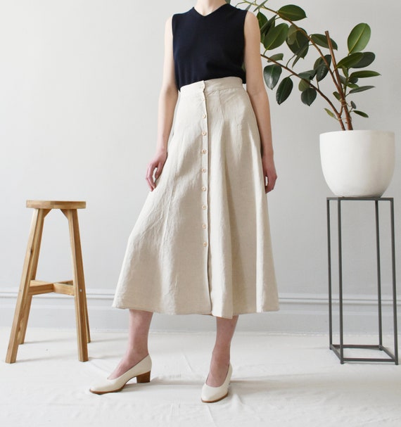 vintage linen button front midi skirt, size S