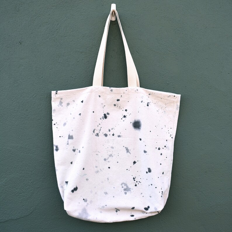 recycled drop cloth tote bag, oversized canvas bag, black & white splatter paint image 6