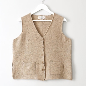 Vintage Boxy Wool Knit Vest, 90s Oatmeal Beige Sleeveless Sweater, L